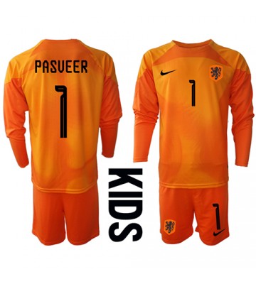 Netherlands Remko Pasveer #1 Goalkeeper Replica Away Stadium Kit for Kids World Cup 2022 Long Sleeve (+ pants)